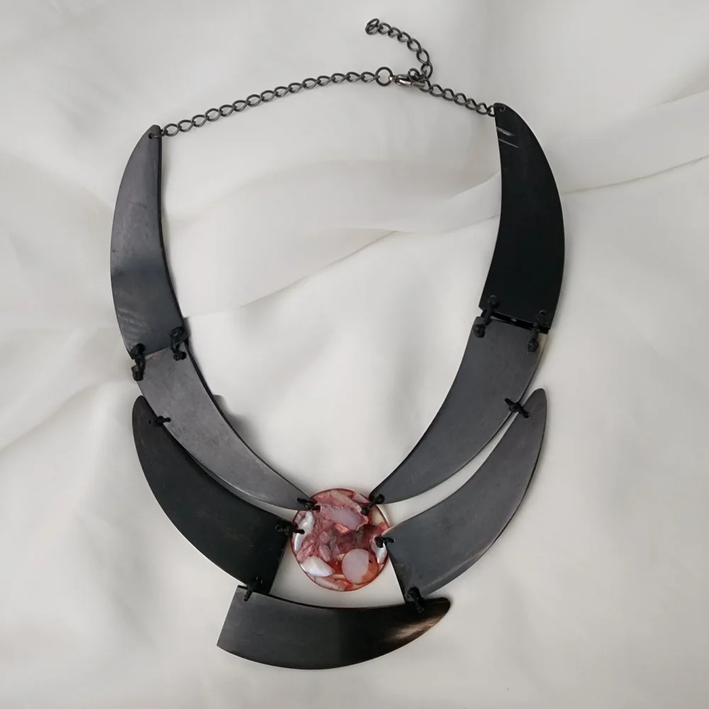 Vintage Buffalo Horn & Shell Statement Necklace Handmade Tribal Artisan